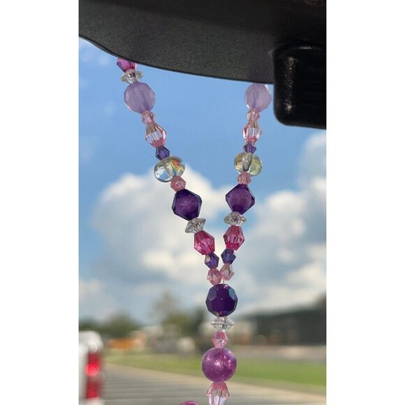 Dinosaur Beaded Suncatcher Rearview Mirror Charm Pink Clear Heart Crystal Prism - Picture 8 of 10